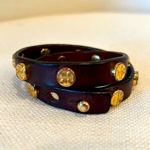 AUTHENTIC TORY BURCH Brown Leather Logo Studded Wrap Bracelet